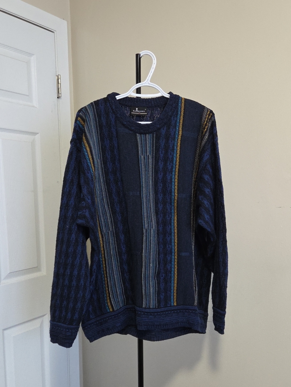 Fairbanks Vintage-Inspired Navy Striped Crewneck Sweater with Gold Accent